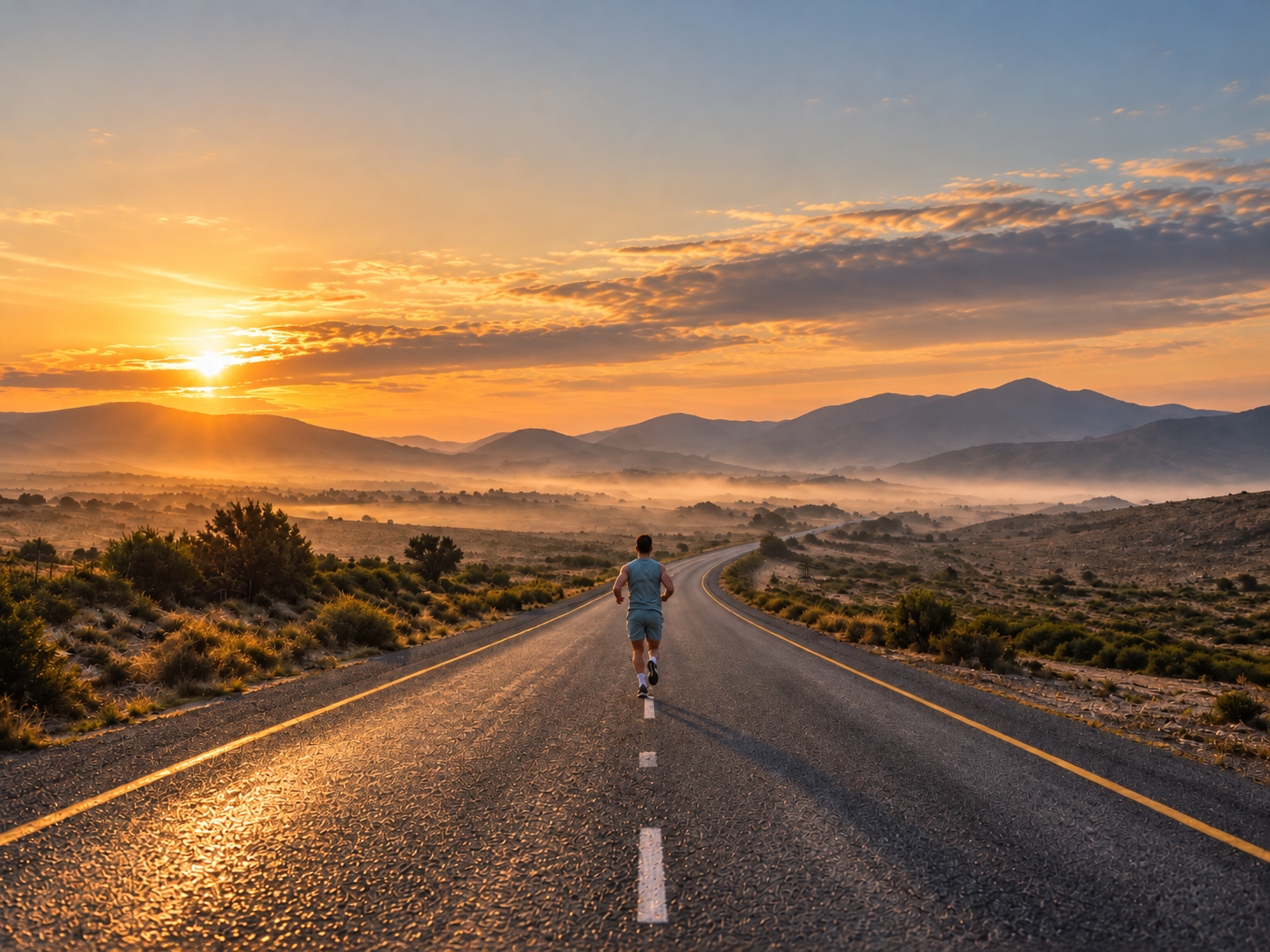 Alex running through misty hills at sunrise